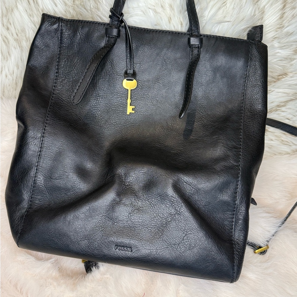 Fossil Black Leather Tote Bag